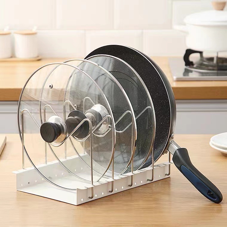 跨境輕奢不鏽鋼伸縮鍋蓋架家用廚房置物架鍋架多層免打孔鍋蓋收納