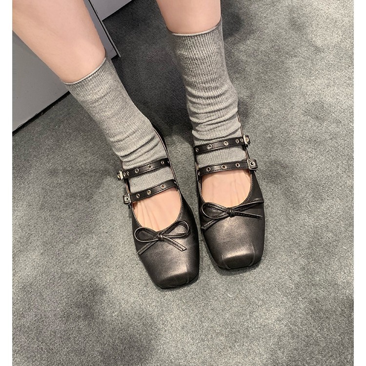 现货发~2025新款方头蝴蝶结双扣带低跟单鞋女玛丽珍鞋女芭蕾舞鞋|undefined