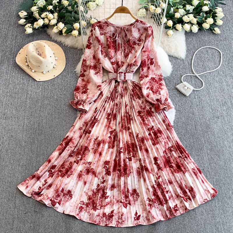 French Socialite Retro Romantic Rose Print Round Neck Dress Women's Autumn and Winter Waist Slimming Large Hem Pleated Long Skirt French Socialite Retro Romantic Rose Print Round Neck Dress Women's Autumn and Winter Waist Slimming Large Hem Pleated Long Skirt