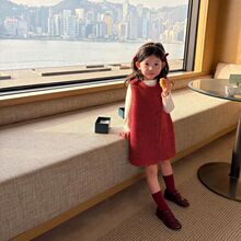 韩版童装女童冬季新款毛呢背心裙宝宝新年呢子复古红白格子连衣裙