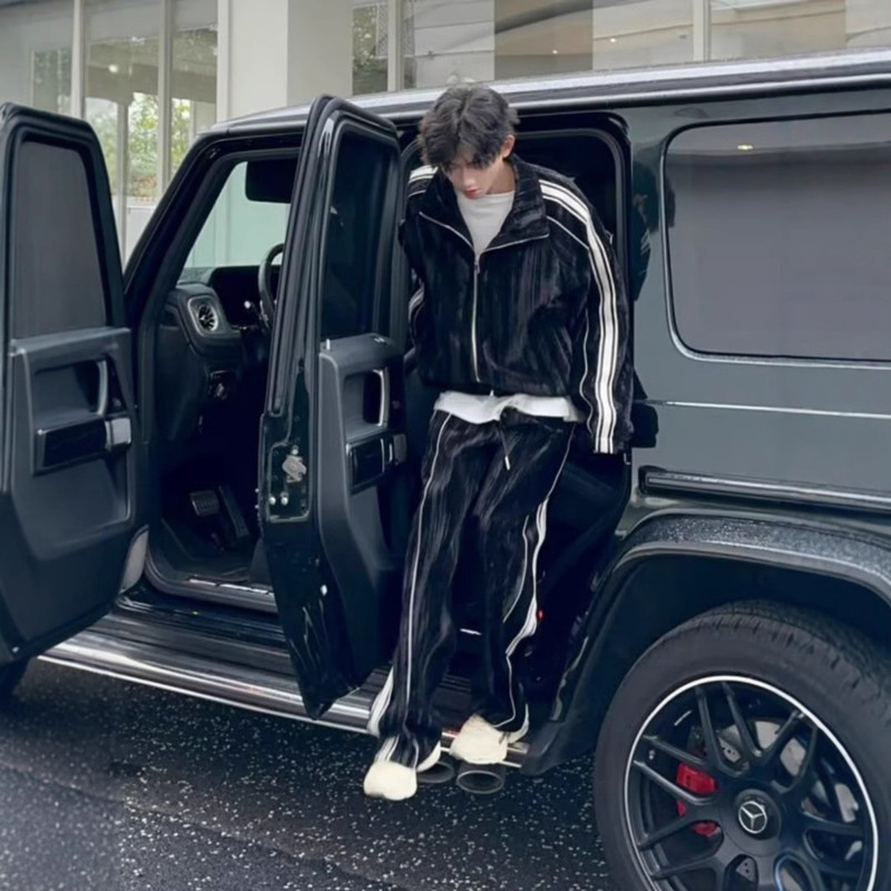 Sports suit Men's Retro American Heavy Sweater Spring and Autumn Cardigan Jacket Striped Sweater Trendy Brand Set