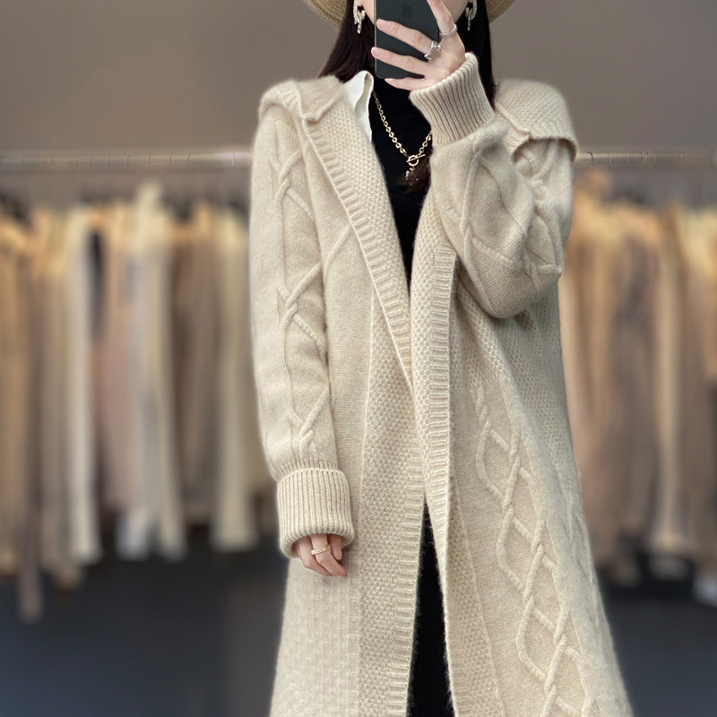 2023 autumn and winter New woolen sweater women's overcoat lazy style long coat hooded thickened sweater small