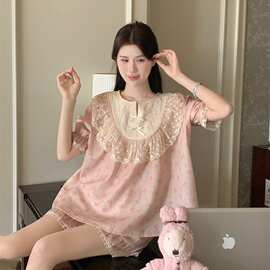 棉韩版夏季新款睡衣女套装复古宫廷风甜美碎花蕾丝边可外穿家居服