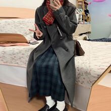 2024秋冬中长款过膝加绒加厚毛呢外套女名媛风西装高个子呢子大衣