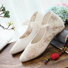 Pointed-toe shoes, single shoes, plain-colored embroidered cloth shoes, one-piece fastener fashionable casual shoes for women with qipao in spring and autumn seasons