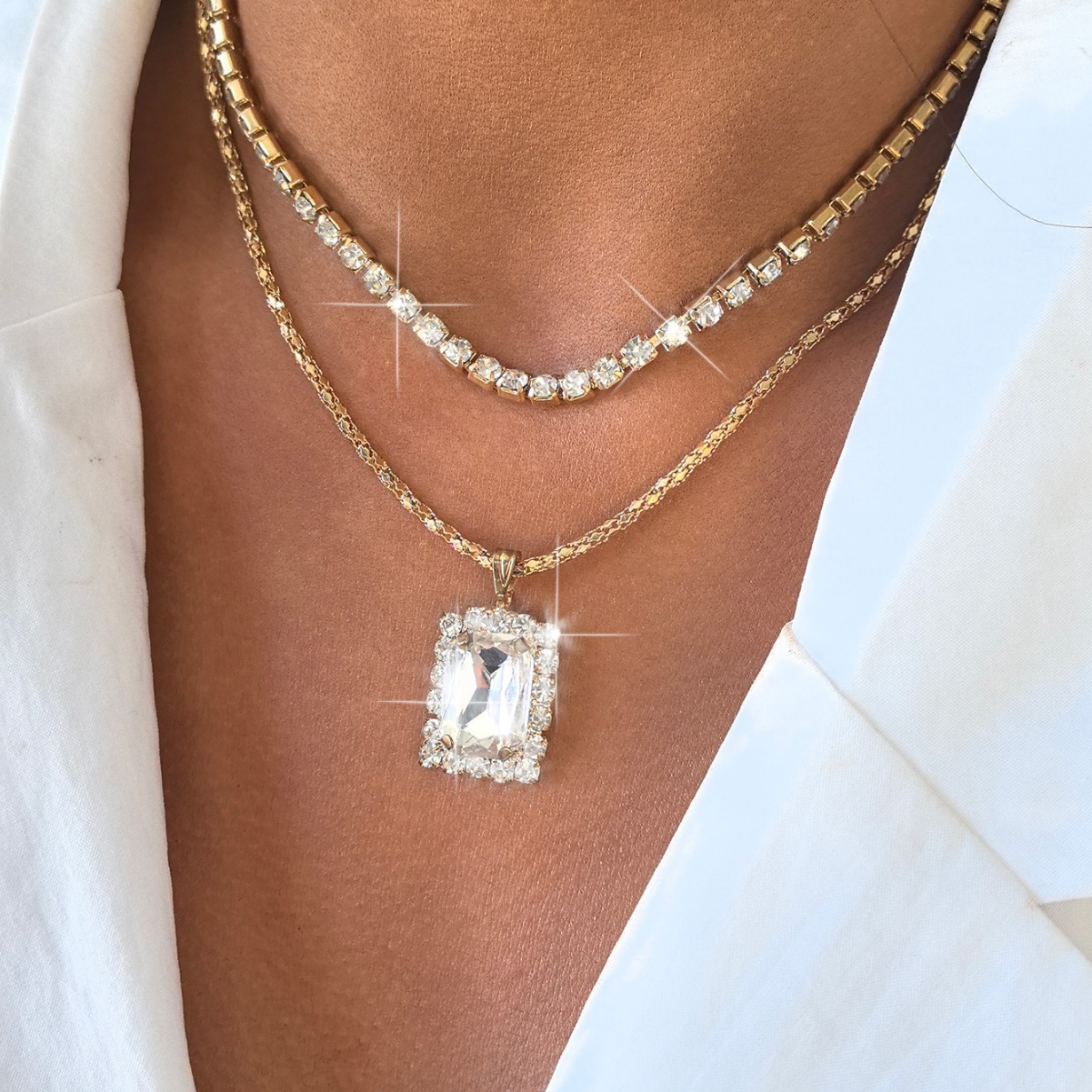 1 Piece Quantity Casual, Outdoor Occasion Retro Rectangle Rhinestones Iron Tennis Chain Pendant Necklaces Wholesale