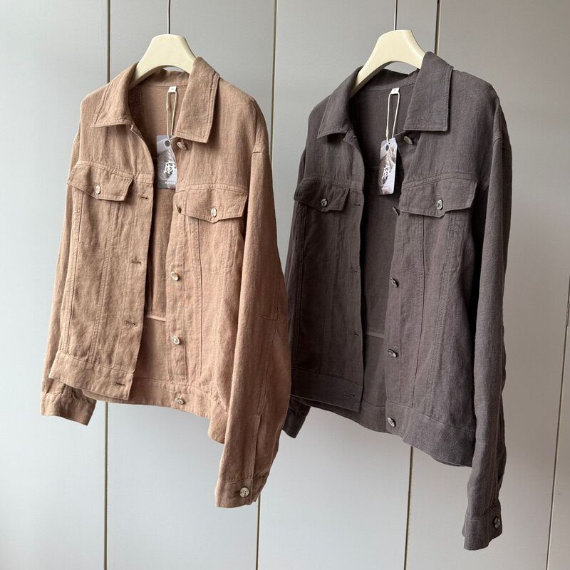 Original Ecological 100 Linen Lining Piping Process! Lapel Multi-Button Lightweight Loose Short Jacket for Women Autumn