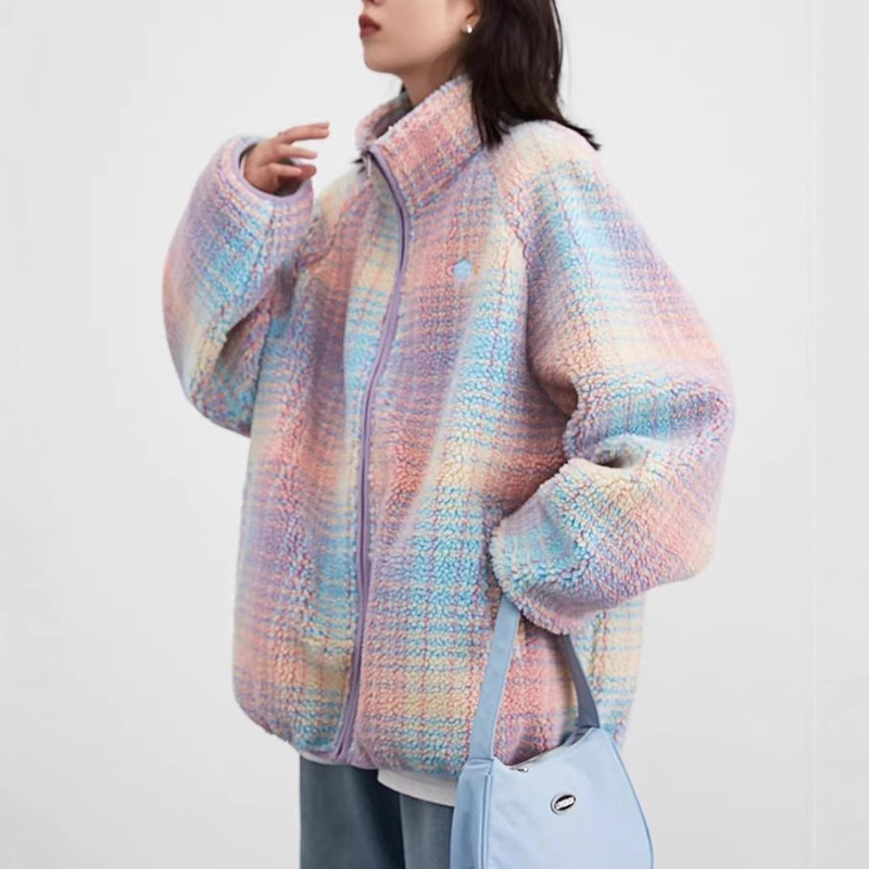 Fuzzy Boundary Winter New Arrival Collar Rainbow Strip Lamb Wool Jacket Warm Jacket for Women Fuzzy Boundary Winter New Arrival Collar Rainbow Strip Lamb Wool Jacket Warm Jacket for Women