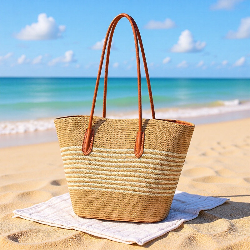 Upgraded Leather Bottom New High-Quality Striped Shoulder Large-Capacity Straw Bag Versatile Woven Bag Vacation Tote Bag Trendy