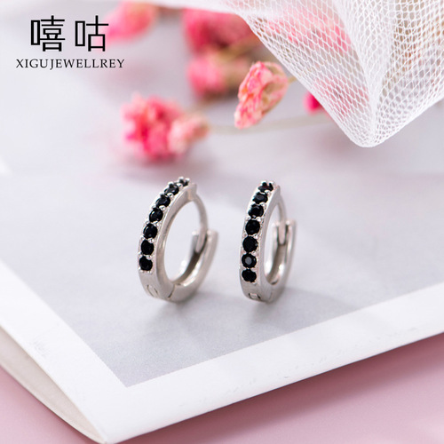 Xigu E0280 S925 Silver Earrings Feminine Personality Black and White Zircon Ear Bone Rings No Need to Remove Earrings When Sleeping