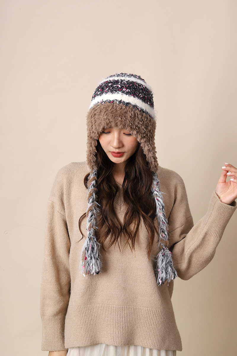 Cappello di lana lavorato a maglia con lacci colorati per donna autunno inverno nuovo caldo protezione per le orecchie e fascia per la testa a strisce colorate_voghion.com