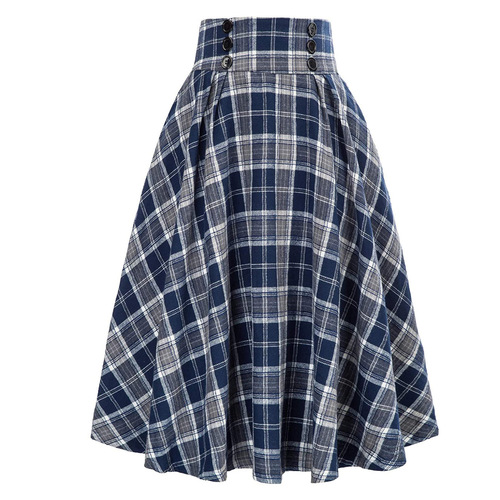 European and American Wish Foreign Trade High-Waisted Plaid Flared Skirt Autumn and Winter Fashion Women's Plaid Elastic-Waist A-Line Skirt