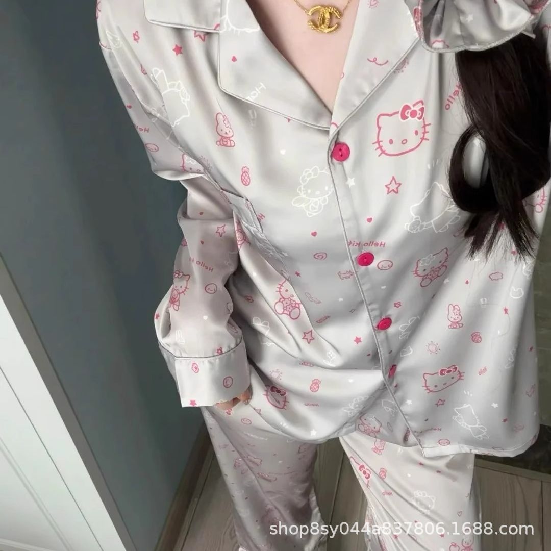 Butterfly imprimido pijama de primavera y otoño de mujeres nuevo 2025 seda de hielo ropa doméstica dos piezas de fábrica de comercio exterior transfronterizo