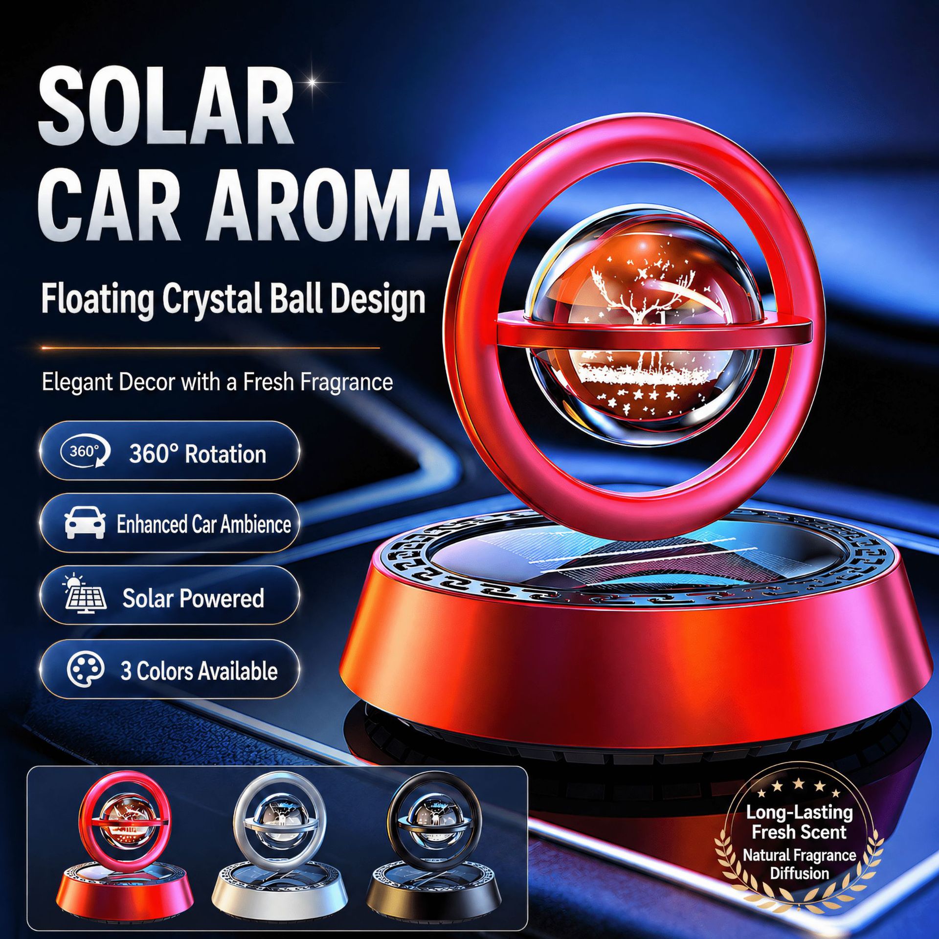 Car-mounted solar-powered aromatherapy diffuser, new model, solar-powered floating crystal solid perfume, creative car decoration with a fresh fragrance
