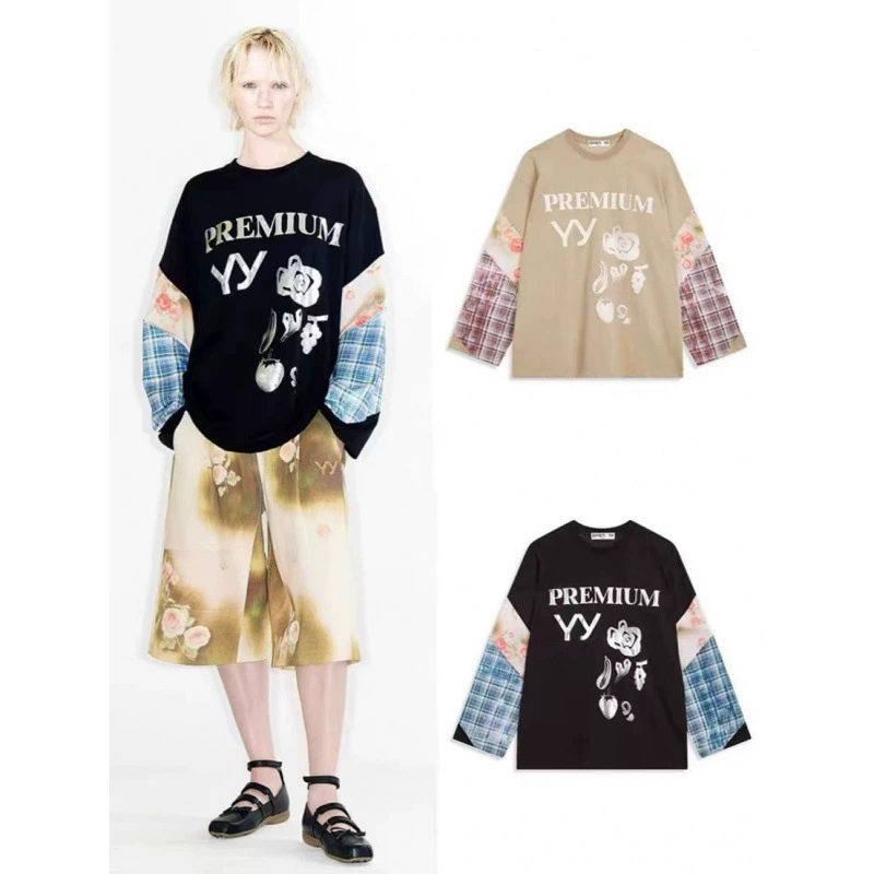 openyy новая универсальная пенопластовая футболка с длинными рукавами и цветочным принтом контрастного цвета, модный брендовый свободный клетчатый топ с рукавами в стиле пэчворк для женщин