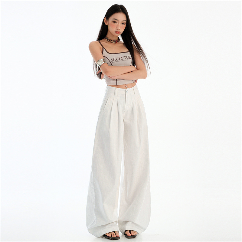 White Design Sense High Waist Wide Leg Jeans Women's 2025 Summer New Loose Slimming Muscle Pleated Mop Pants