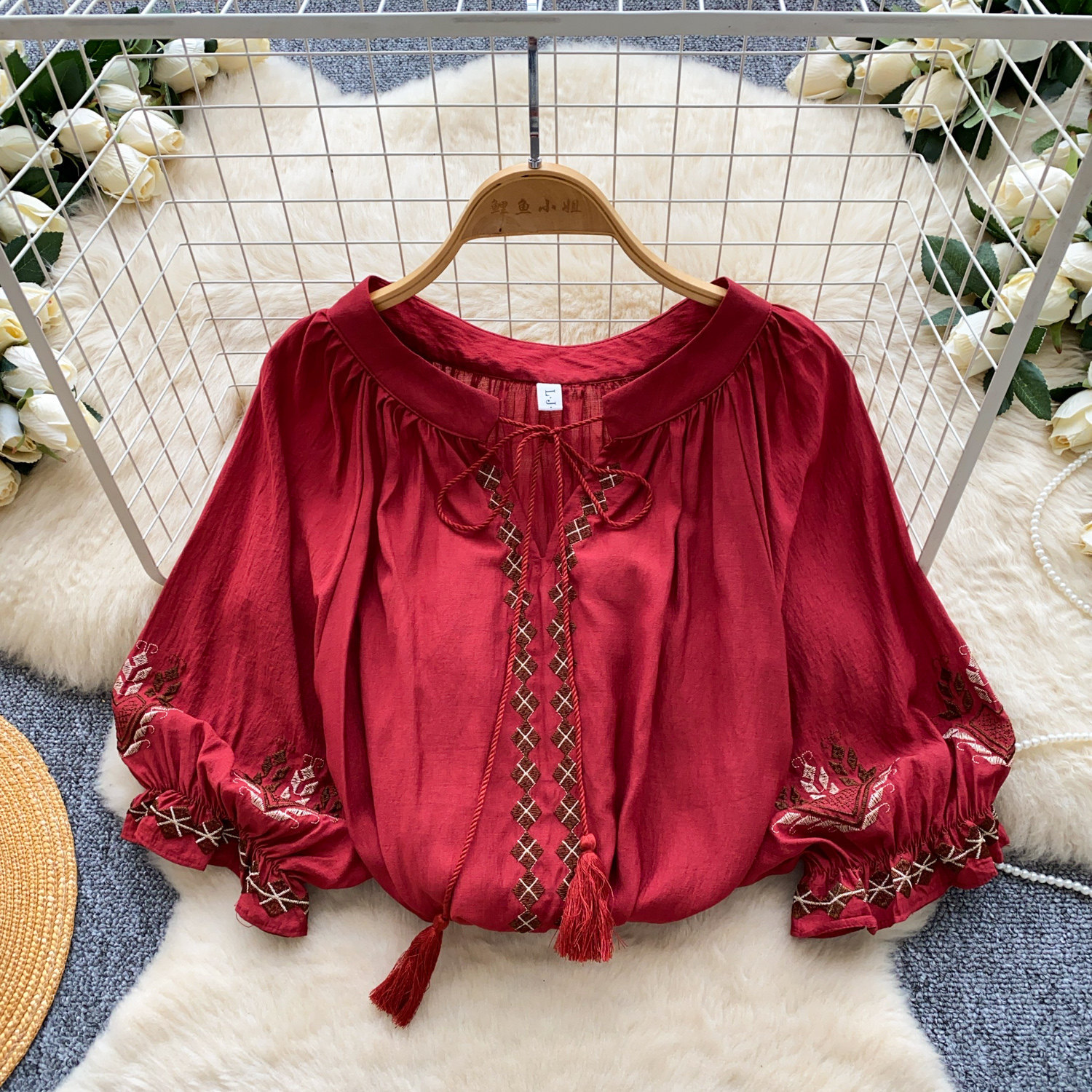 Elegant French Style Blouse for Women Red Embroidered Puff Sleeve Loose Fit Tie Waist Babydoll Top Spring Fashion_ecoleips.com