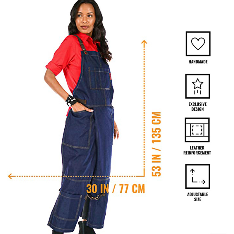 Amazon nuevo delantal de lona pantalones de pierna dividida correa ajustable cruzada delantal de mezclilla multicolor al por mayor