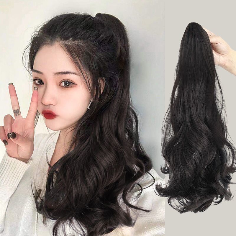 Peluca Cola de Caballo clip de pelo rizado largo de las mujeres onda grande invisible natural correa sin costura simulación pelo alta Cola de Caballo trenza