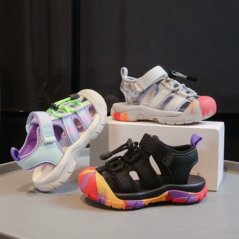 Мальчиковые сандалии с вырезом на носке и зебровым принтом, летние 2025, новые пляжные туфли для девочек, обувь для малышек и детей ясельного возраста