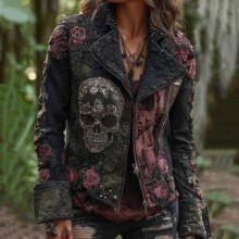 亚马逊秋季复古水洗牛仔外套女设计感拼接印花翻边袖口新款上衣