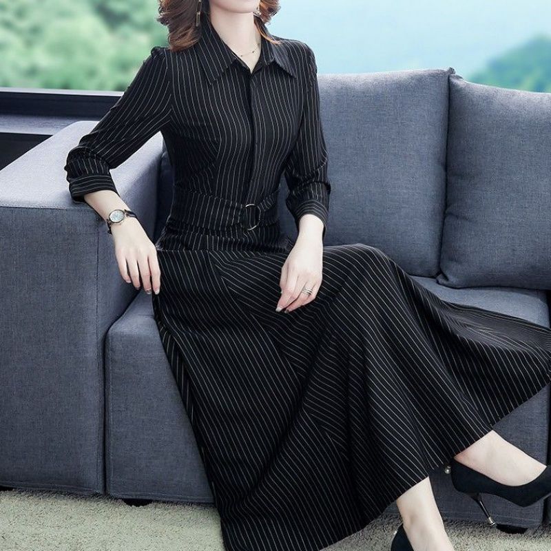 Long-sleeved dress 2025 new temperament young mother simple noble long skirt shirt skirt autumn