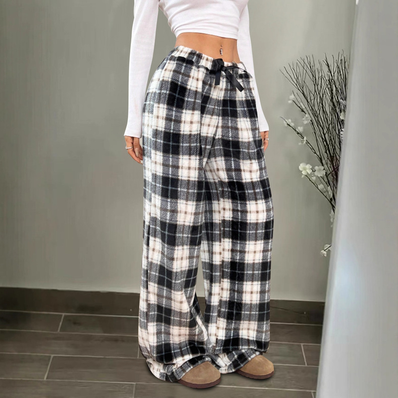 American-Style Original Export Fleece-Lined Thickened Plaid Loose Long Pants Casual Outerwear Plaid Woolen Casual Pants for Women Low Waist