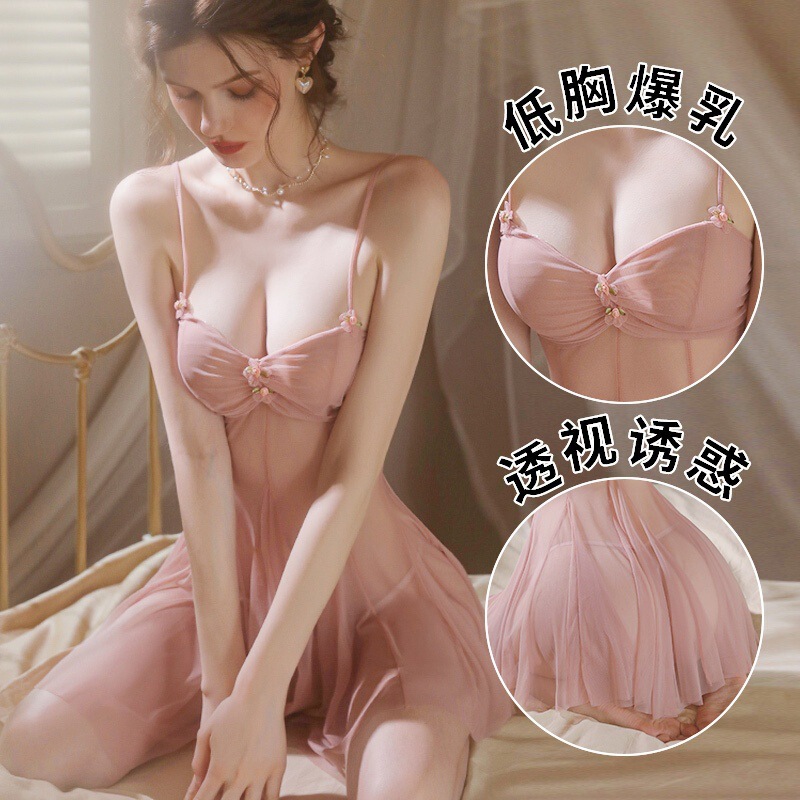 Sexy Low-Cut Mesh Nightdress with Lace Straps and Pleated Design for Women, Featuring a Seductive See-Through Design, 1276 Sexy Low-Cut Mesh Nightdress with Lace Straps and Pleated Design for Women, Featuring a Seductive See-Through Design, 1276