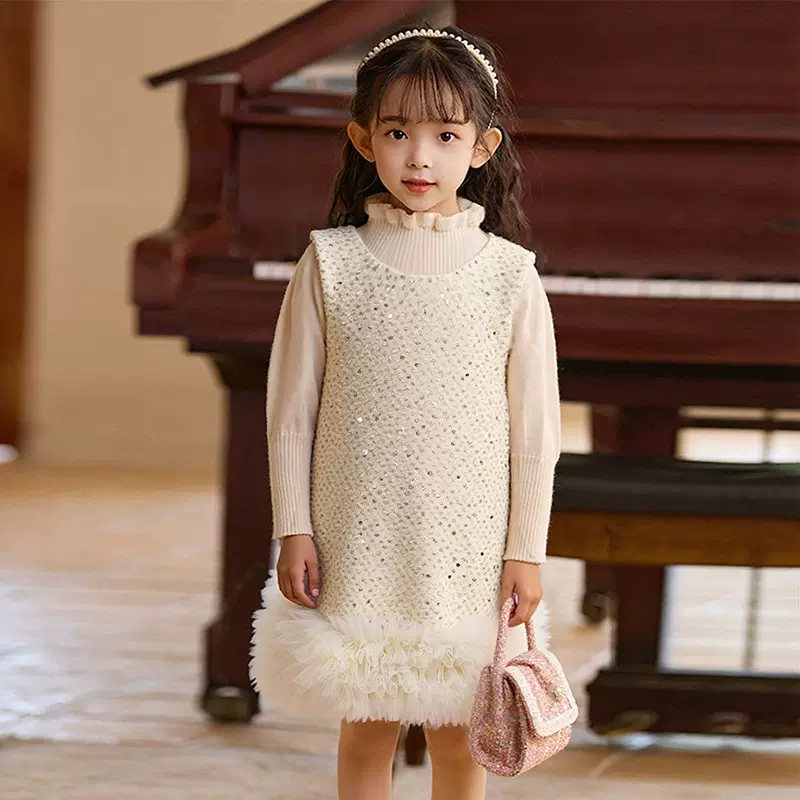 跨境儿童亮片毛绒连衣裙秋冬新款女童洋气tutu裙加绒加厚背心裙