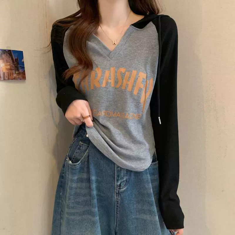 大码秋冬连帽打底衫长袖T恤女微胖mm减龄插肩卫衣显瘦遮肉v领上衣