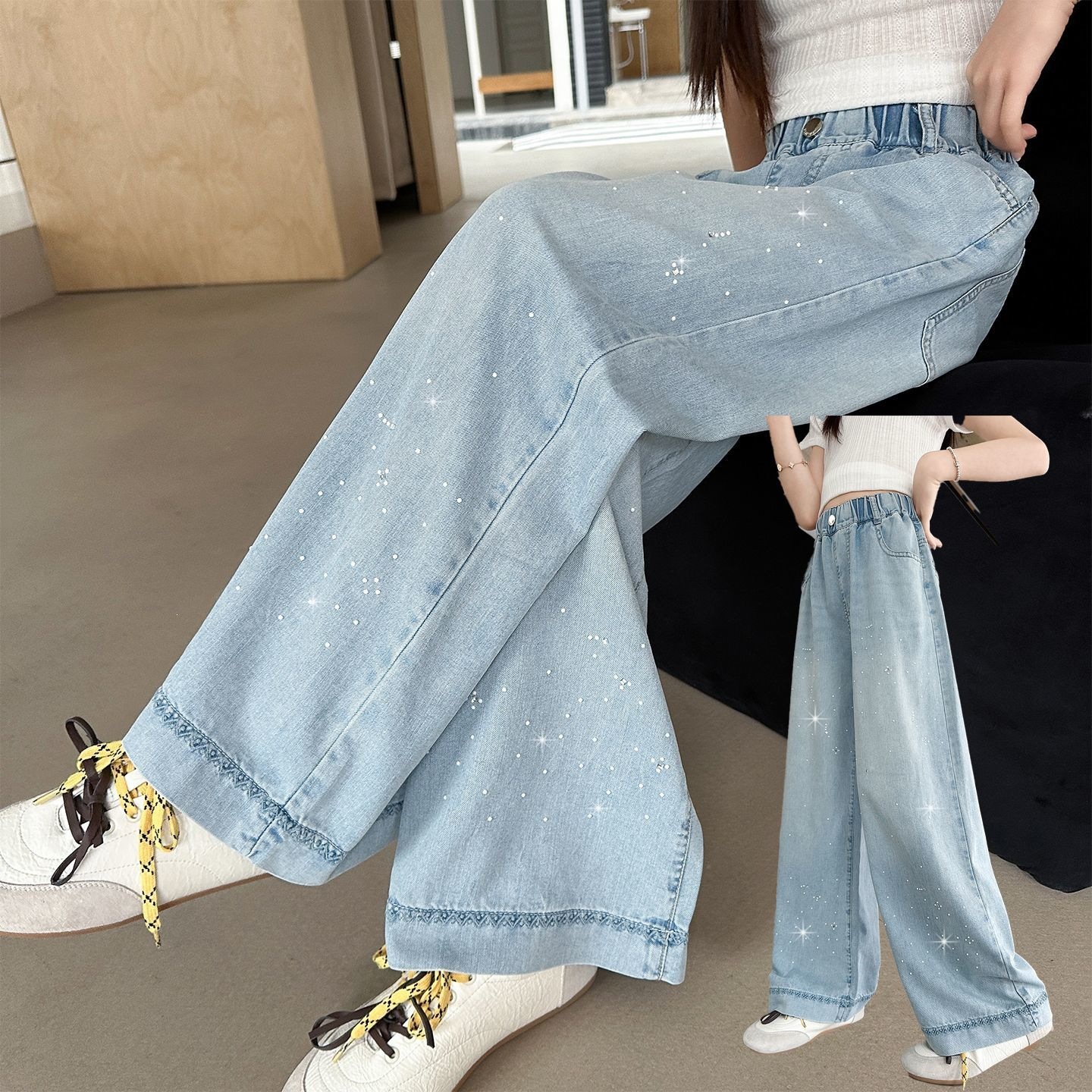 Girls' denim jeans, summer style, Tencel, thin, wide-leg, straight leg, 2026 new summer collection, casual long pants for medium and large children.