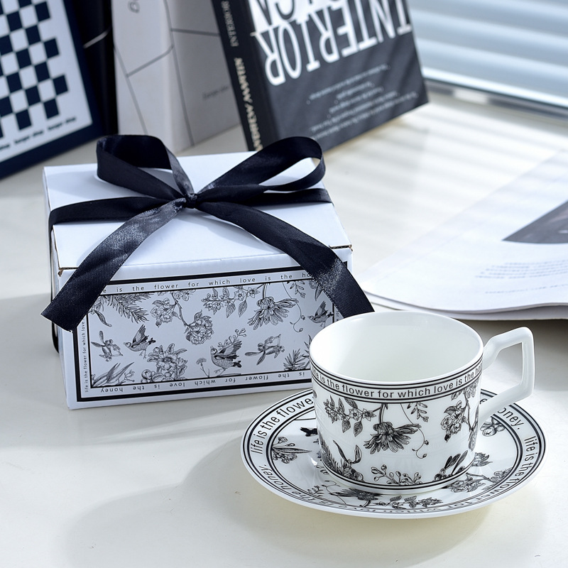 Small Fragrance Ceramic Coffee Cup and Saucer Bird Song and Fragrant Flowers Set, High-End Style Mugs, Gift Set