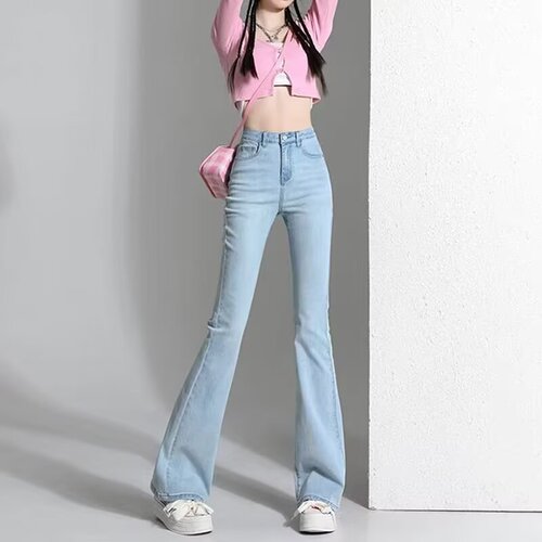 Light-colored micro-ragged jeans for women's new spring and summer tall, lengthened, high-waist, slimming, mopping horseshoe bell bottoms