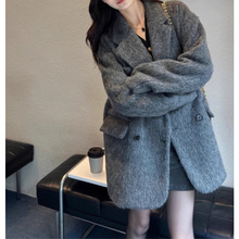 大衣女款2023新款秋冬季感小个子短款灰色羊毛呢子西装厚外套