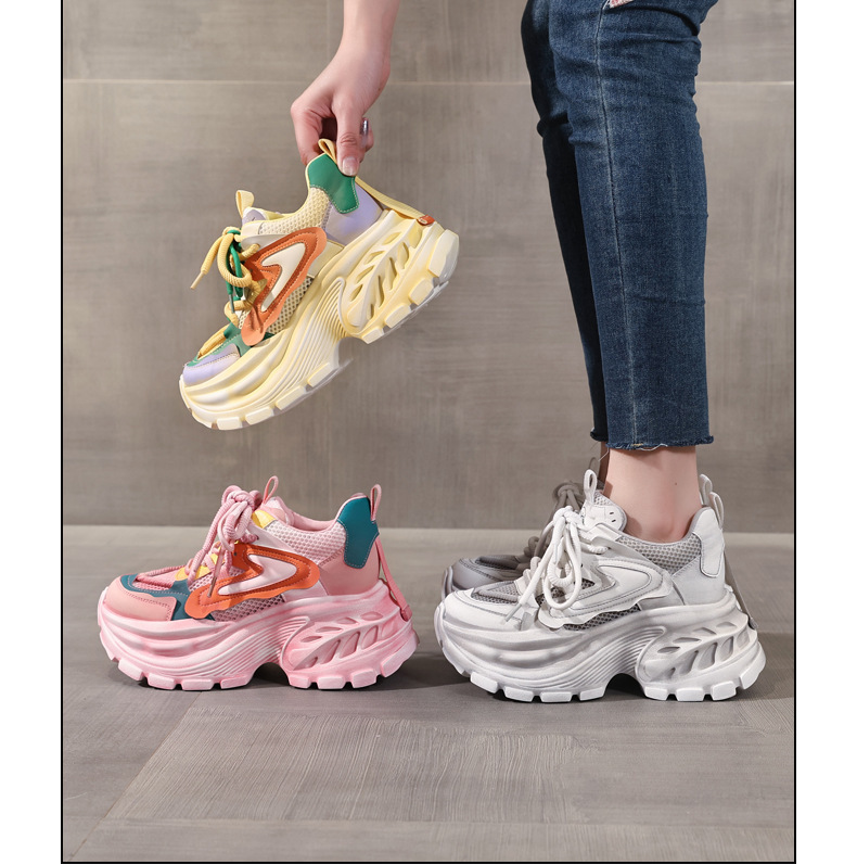 Giày sneaker nữ đế dày lưới thoáng khí phong cách daddy giày tăng chiều cao — màu hồng chi tiết 16