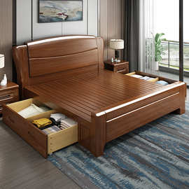 Q085批发胡桃木床实木现代简约双人床1.8米气压储物中式大床主卧