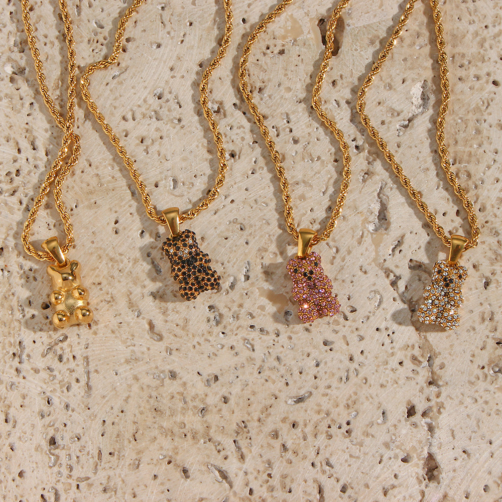 Fashion Cool Animal Female Plated 18K Gold Twist Bear Pendant Stainless Steel Necklace