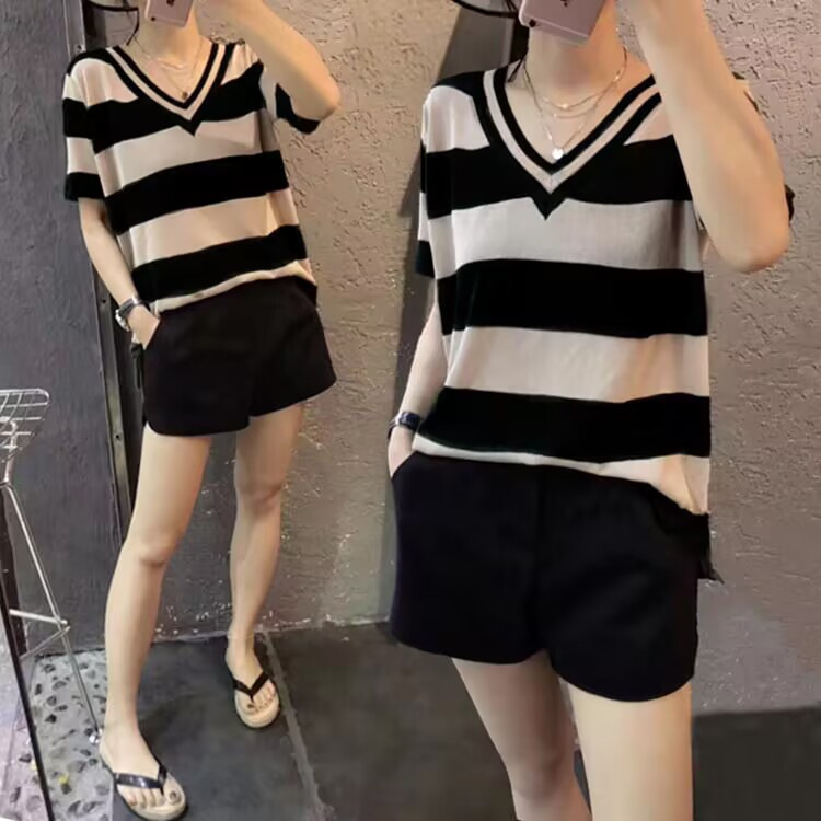 Chubby Girl suit Women's Summer plus size Loose Fashionable Small Figure Flesh Covering Thin Striped Top and Shorts Two-piece Set