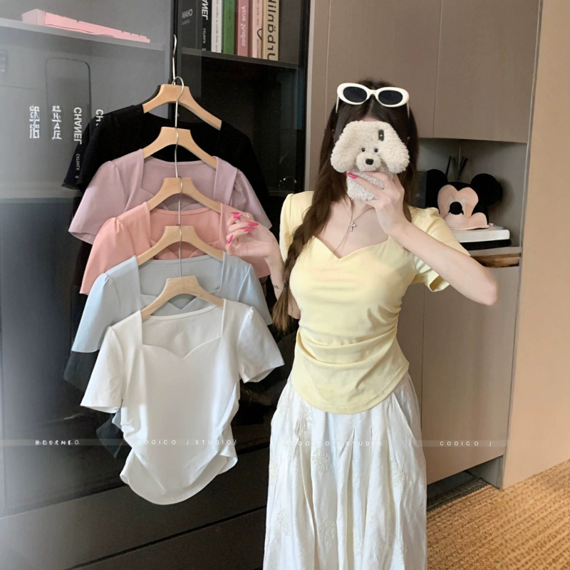 Plus-Size Women's Heart-Shaped Square-Neck Casual Versatile Short-Sleeve T-Shirt, 2026 New Style, Puff Sleeves, Slimming, Tummy-Covering