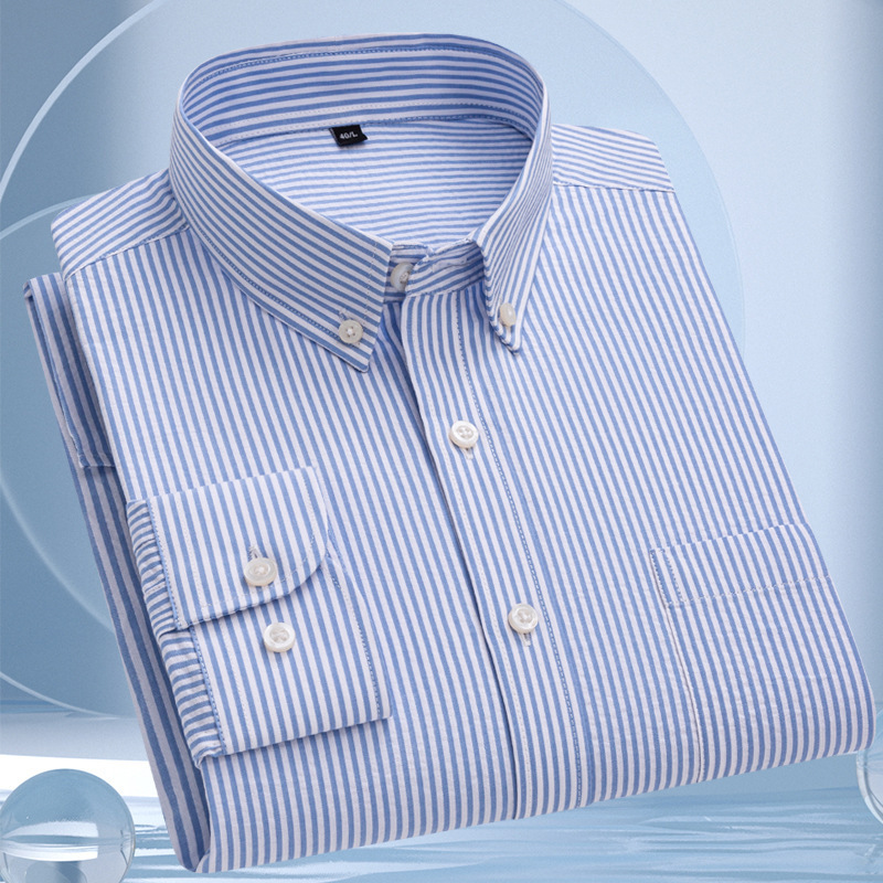 High-End Men's Versatile Long-Sleeved Shirts Spring and Autum Oxford Textile Loose Business Casual Middle-Aged Washed Stripesd Shirts