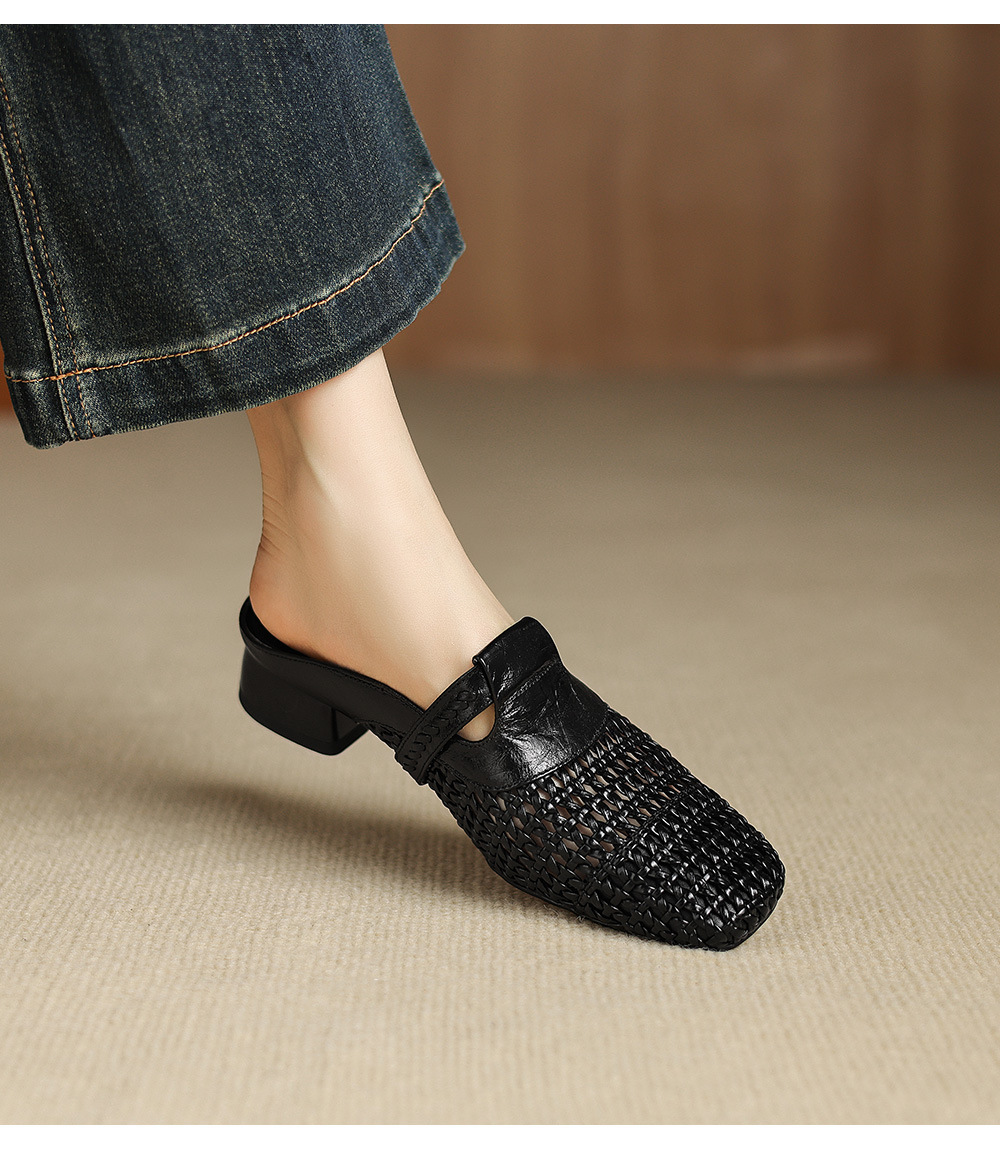Dép sandal nữ quai chữ V đan dệt, gót thấp 3 cm, phong cách vintage — đen chi tiết 20
