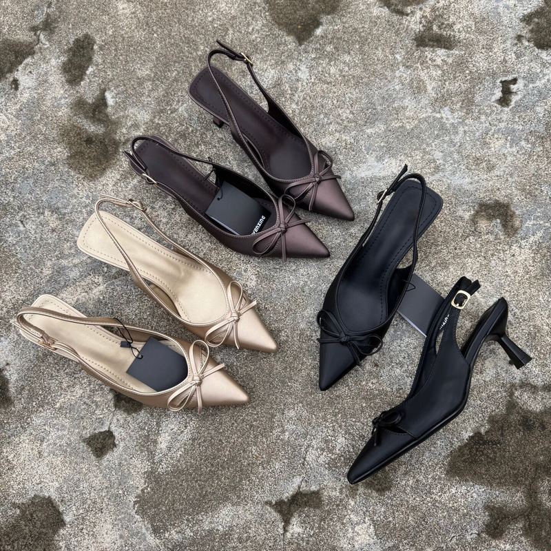 French-style bow pointed-toe open-back sandals for women, summer foreign trade, thin heel, satin back strap, commuter fashion women's shoes wholesale French-style bow pointed-toe open-back sandals for women, summer foreign trade, thin heel, satin back strap, commuter fashion women's shoes wholesale