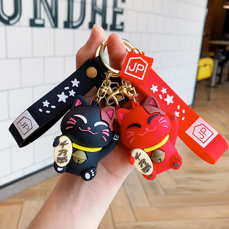 Cartoon Lucky Cat Keychain Soft Rubber 3D Figurine Lucky Keychain Pendant Decoration for Car Couple Bags Wholesale