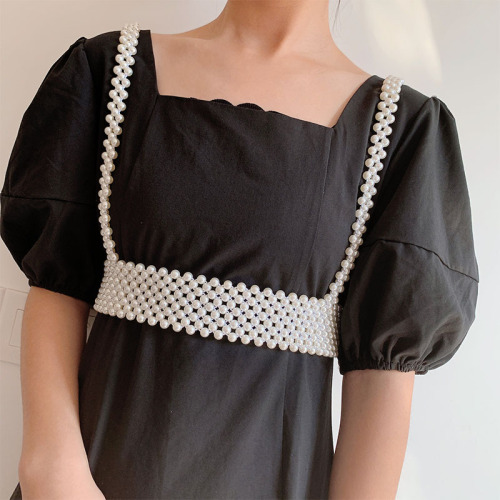 Elegant pearl belt women's camisole with vest waist chain ins style decorative suit shirt trendy shoulder straps