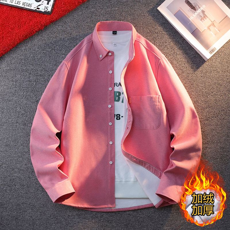时尚加绒长袖衬衫男士秋冬季新款加厚保暖衬衣外套潮流个性寸衣服