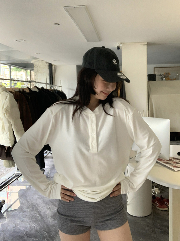 SROOM十三行长袖T恤女德绒打底衫25春秋季内外穿亨利领纽扣上衣|undefined