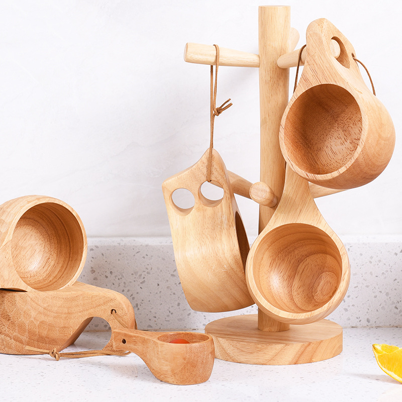 Taza de madera de caucho taza portátil creativa taza de café de madera conveniente Finlandia taza con mango doble agujero taza imprimible logotipo