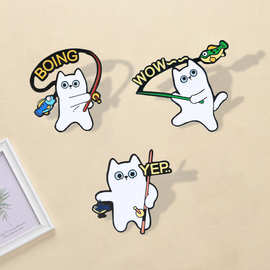 海钓白猫胸针 可爱猫咪徽章复古卡通甩杆猫胸花 包包别针衣服配饰