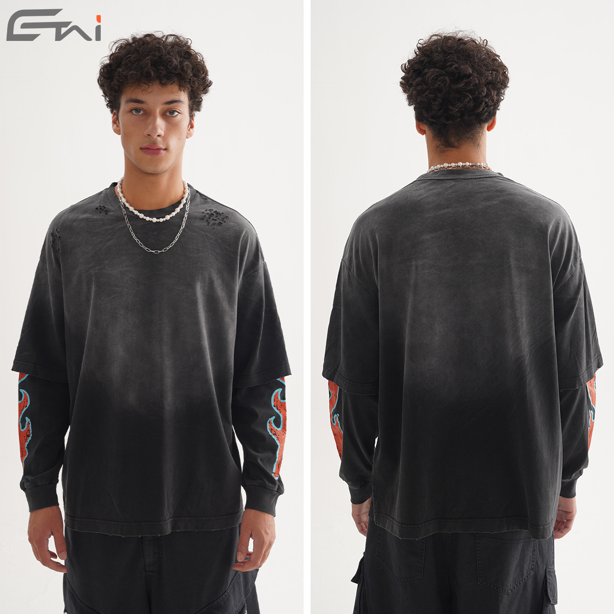 Primavera y otoño hombres falsos dos piezas estampadas mangas largas lavado con agua para hacer la vieja moda retro americano casual blusa pesada en el interior image 3