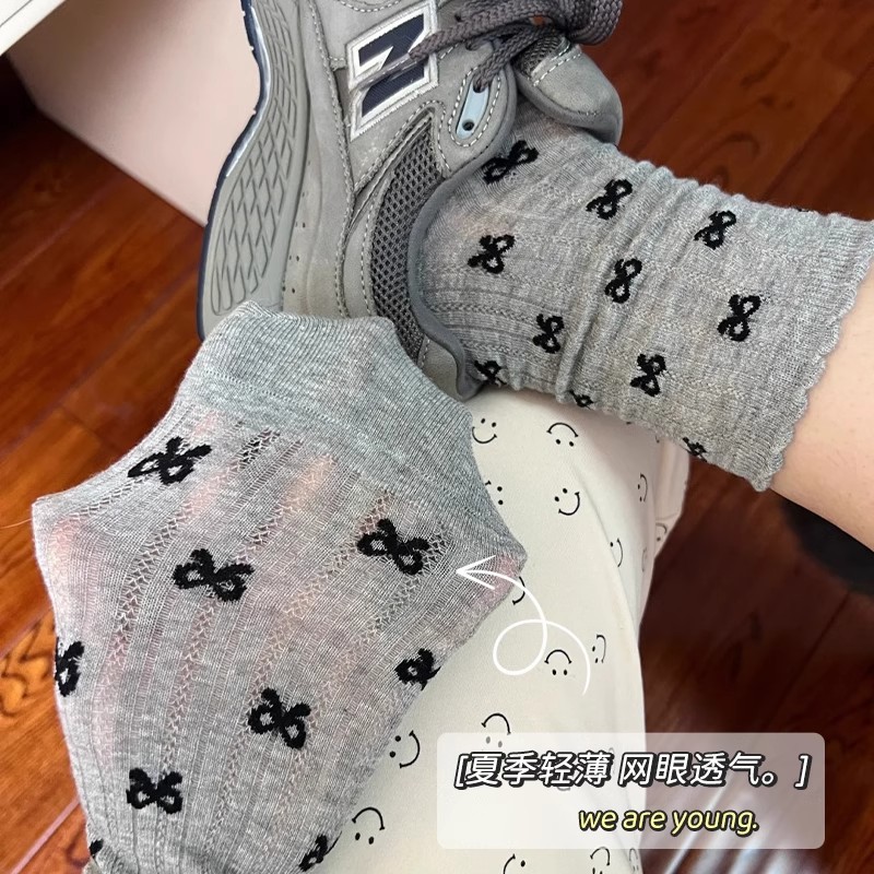 女襪早秋白色芭蕾風襪子女蝴蝶結中筒襪夏季薄款網眼韓版堆堆襪